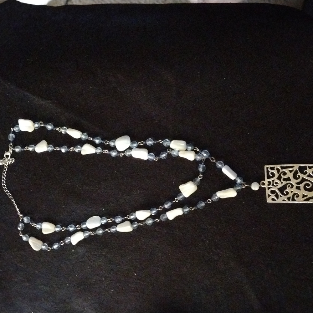 Women blue/white 2 layered silver emblem necklace